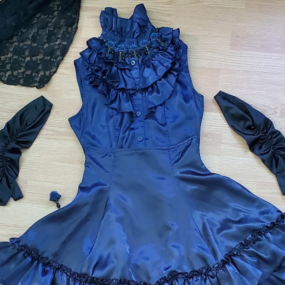 Navy Blue Satin Victorian Sleeveless Ruffle Blouse by Retroscope Fashions